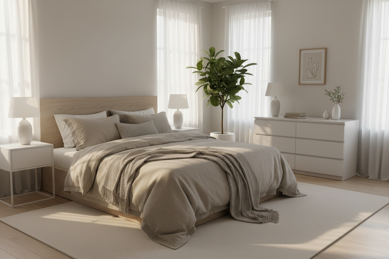 Soverom med beige sengetøy